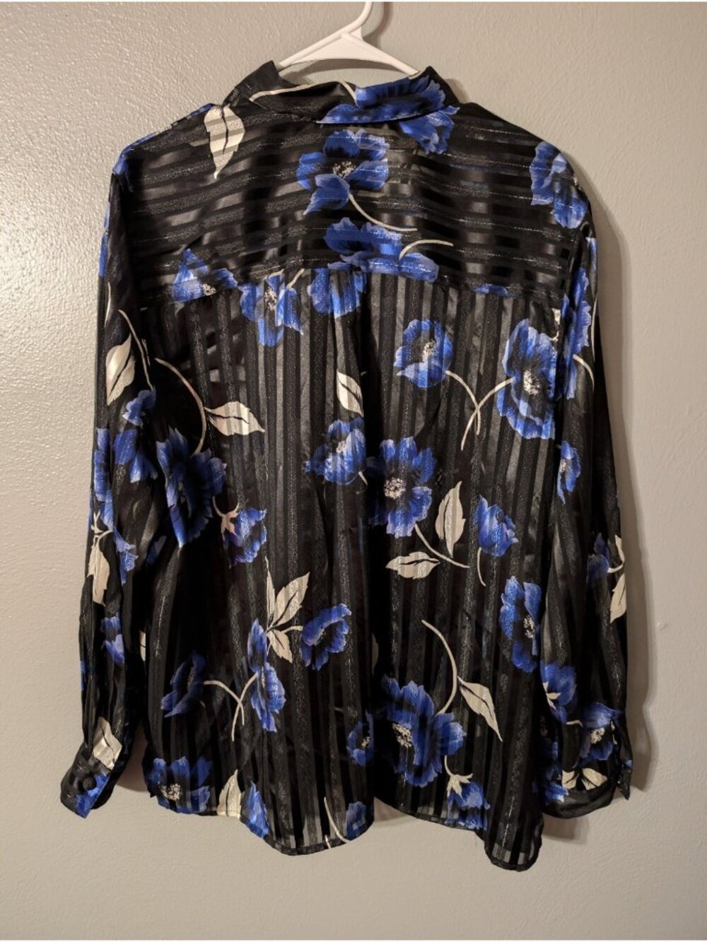 Alfred Dunner Vintage 90s Blue Floral Sheer Stripe Button Up Blouse Top Size 18 - Picture 3 of 6